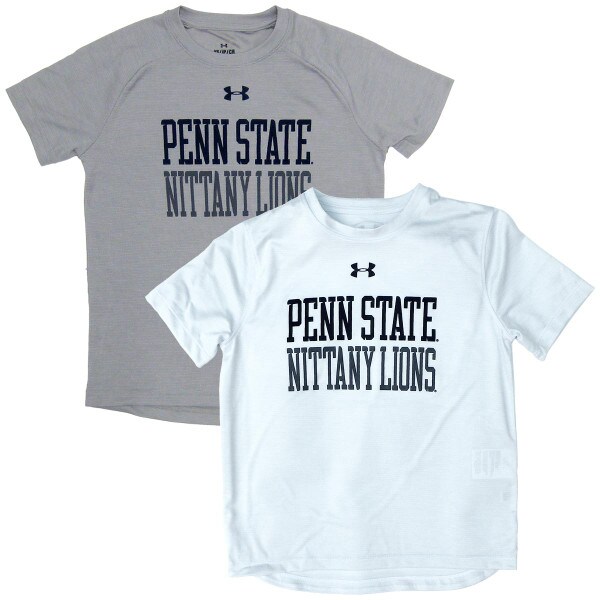 gray and white youth Under Armour vent tech t-shirts with screened Penn State Nittany Lions